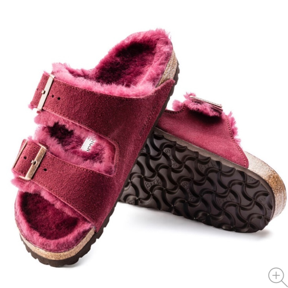 Birkenstock Arizona Shearling Sandals in Maroon